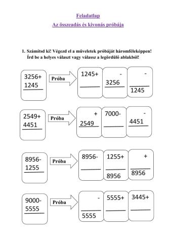 Összeadás-kivonás próbája