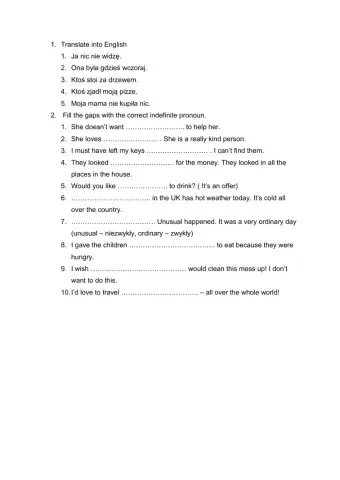 Indefinite pronouns - kartkówka 6 klasa