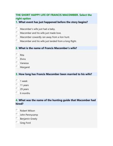 Francis Macomber General Quiz