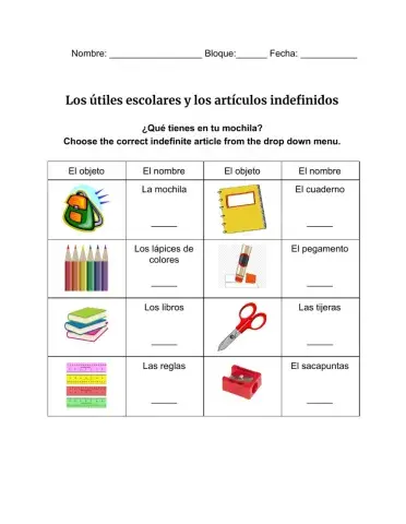 Los útiles escolares y los artículos indefinidos