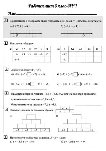 Работен лист 6 клас математика - Събиране на числа с еднакви знаци
