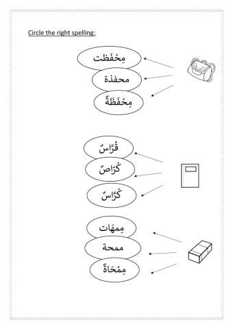 School equipment spelling inn Arabic