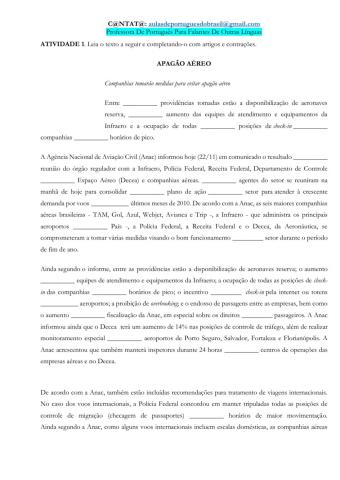 ARTIGOS,  CONTRAÇÕES, CONJUNÇÕES: EMBORA - NO ENTANTO - PORTANTO  e INTERPRETAÇÃO DE TEXTO -  AVIÃO ANAC