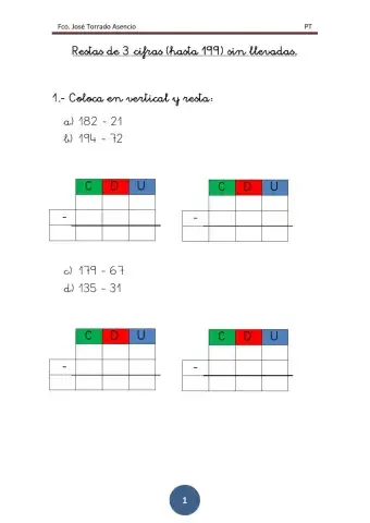 Restas de 3 cifras sin llevadas hasta 199