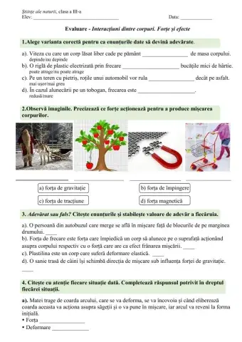 Evaluare - Interacțiuni dintre corpuri. Forțe și efecte