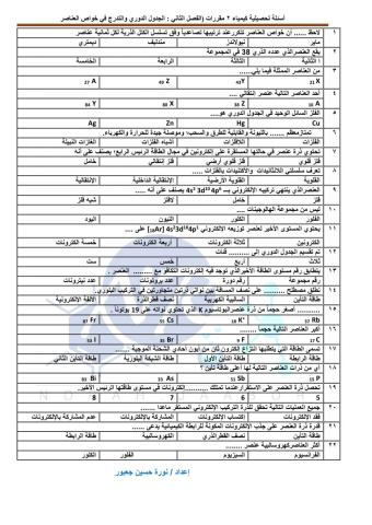 تدريات تحصيلي كيمياء 2 الفصل الثاني الجدول الدوري