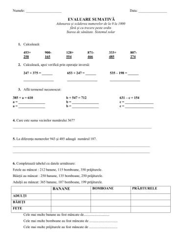 Evaluare sumativă Adunarea și Scăderea n.0-1000