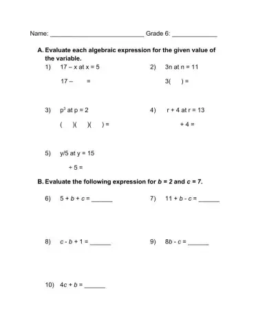 Evaluating Algebraic Expressions
