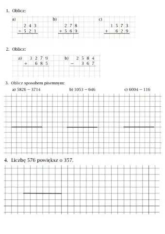 Kartkówka - dodawania i odejmowanie pisemne