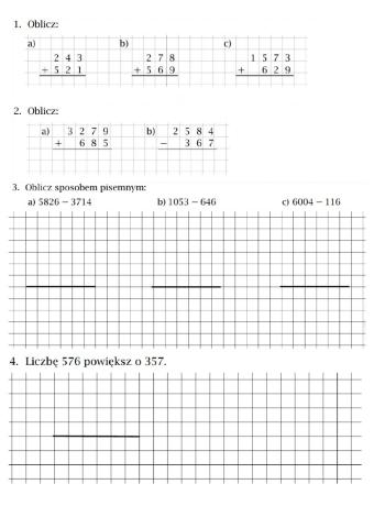 Kartkówka - dodawania i odejmowanie pisemne