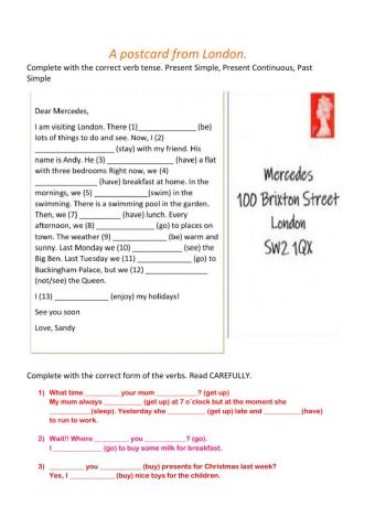 Verb tenses: Present Simple, Present Continuous, Past Simple.
