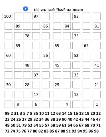 100 तक उल्टी गिनती का अभ्यास