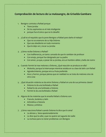 Comprobación de lectura de La malasangre