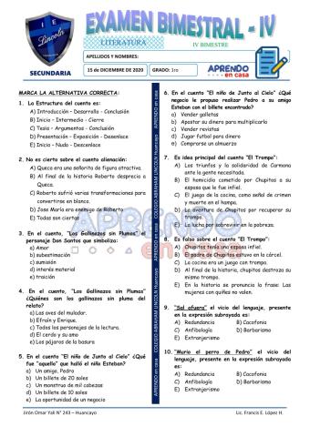 Exam. IV Bim - 1ro de Secundaria