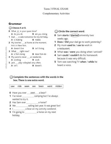 Teens 3 FINAL EXAM Complementary Activities