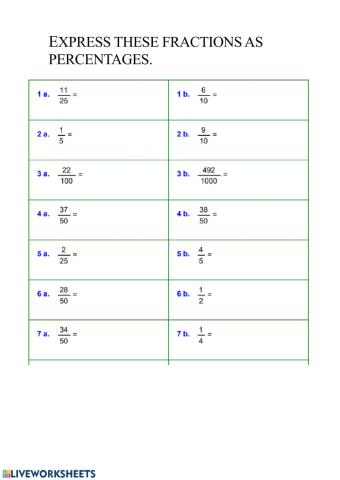 Express fractions as Percentages