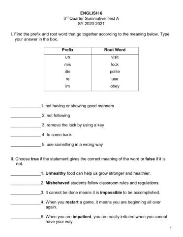 English 6 3rd Qtr Summative Test A