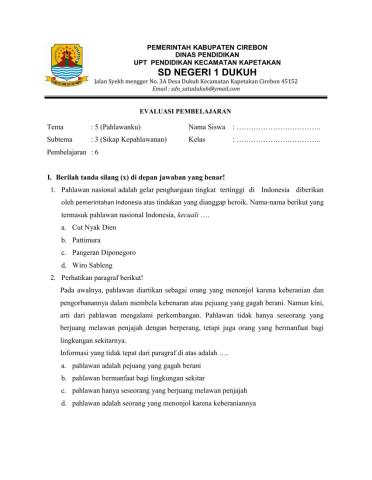 Evaluasi Pembelajaran Kelas 4 tema 5 ST3 PB6