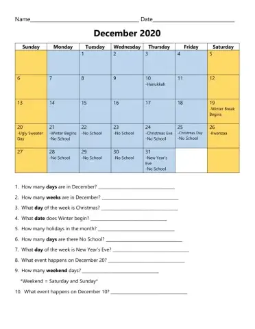 December 2020 Calendar