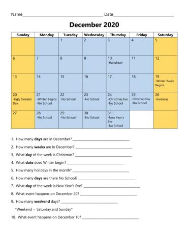 December 2020 Calendar