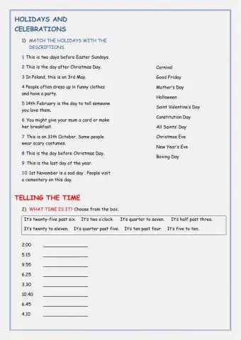 Holidays and Celebrations,Telling the time,Dates
