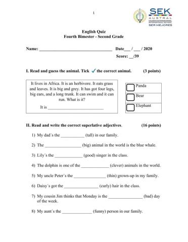English Quiz Second grade