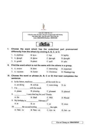 Chinh Phục bộ đề thi Tiếng Anh vào lớp 6 - Đề 33