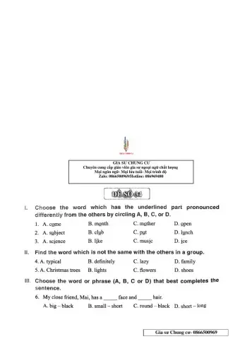 Chinh Phục bộ đề thi Tiếng Anh vào lớp 6 - Đề 34