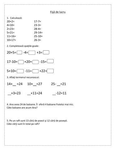 Adunarea si scaderea in concentrul 0-30 fara trecere peste ordin