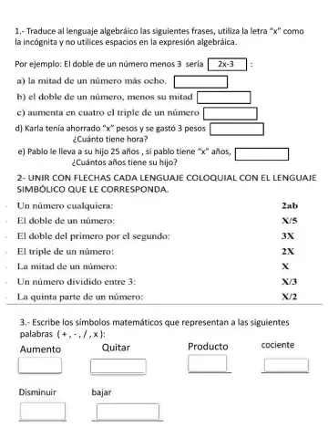 Expresiones escritas a expresiones algebráicas