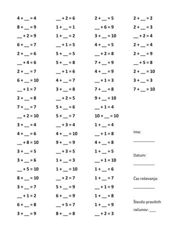 Neznani člen pri seštevanju - računanje do 10 (2.)