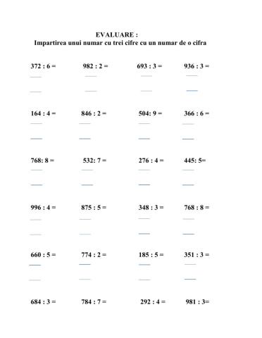 EVALUARE :Impartirea unui numar cu trei cifre cu un numar de o cifra
