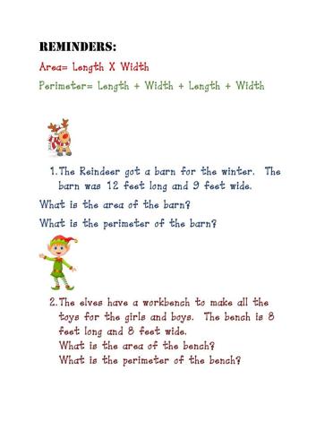 Christmas Area and Perimeter Word Problems