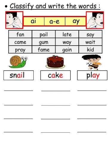 Classify the words (ai ay a-e)