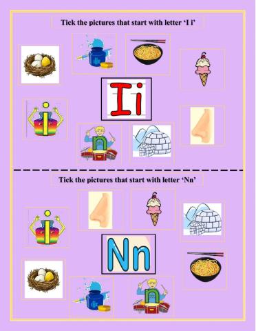 Tick the pictures that start with letter ‘Ii’ and 'Nn'