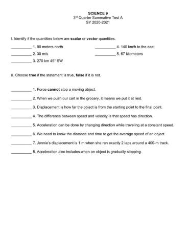 Science 9 3rd Qtr Summative Test A