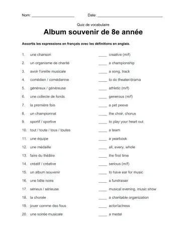 Quiz de vocabulaire: Album souvenir de 8e année