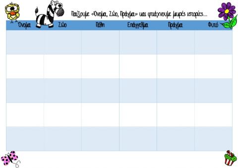 Φύλλο Εργασίας: Παίζουμε Ζώο, Όνομα, Πράγμα