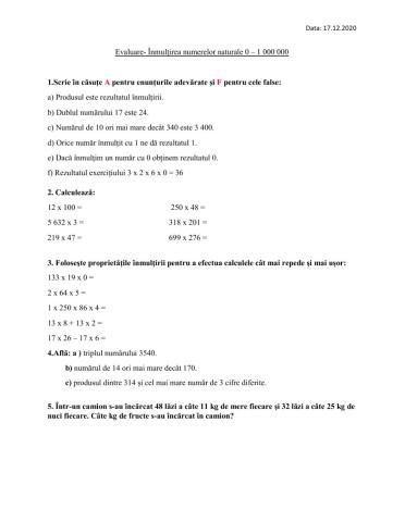 Evaluare - Matematică - înmulțirea