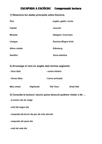 Comprensió lectora Escapada a Escòcia