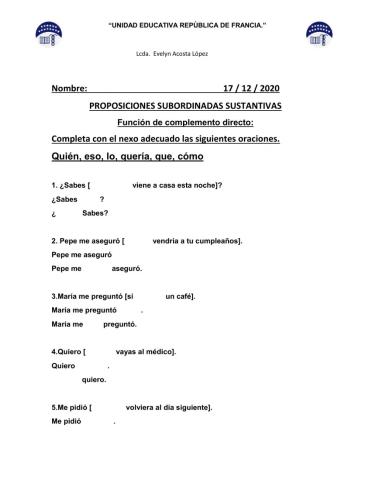 Las preposiciones  subordinadas sustantivas