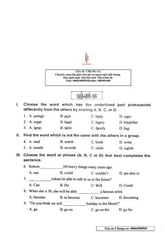 Chinh Phục bộ đề thi Tiếng Anh vào lớp 6 - Đề 38