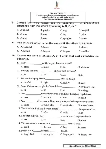 Chinh Phục bộ đề thi Tiếng Anh vào lớp 6 - Đề 39