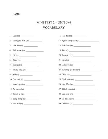 MINI TEST 2 lớp 6 Unit 5-6