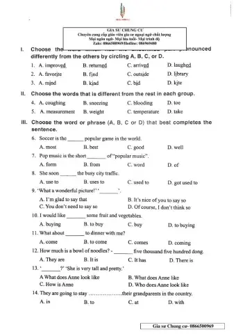 Chinh Phục bộ đề thi Tiếng Anh vào lớp 6 - Đề 43