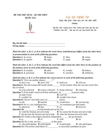 Đề thi thử THPT QG số 01