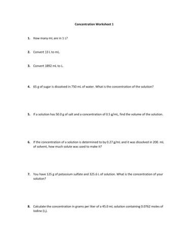 Concentration Worksheet 1 (g-mL and g-L)