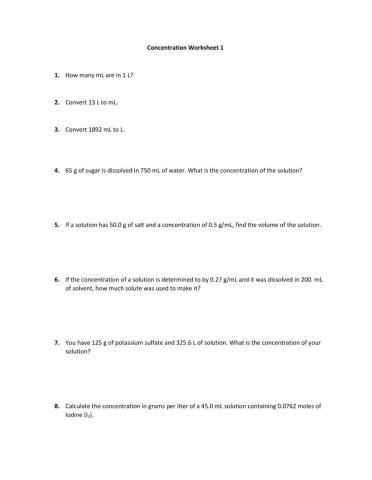 Concentration Worksheet 1 (g-mL and g-L)