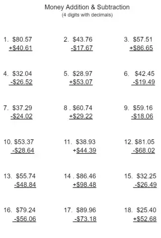 2. Money addition and subtraction - 4 digits with decimals