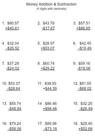 2. Money addition and subtraction - 4 digits with decimals